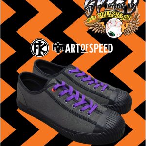 A pair of Fung Keong x Art Of Speed 2025 sneakers with purple coloured laces.