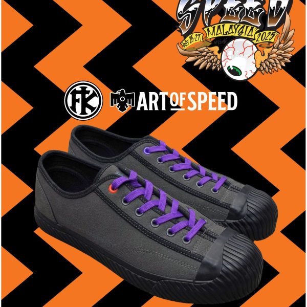 A pair of Fung Keong x Art Of Speed 2025 sneakers with purple coloured laces.